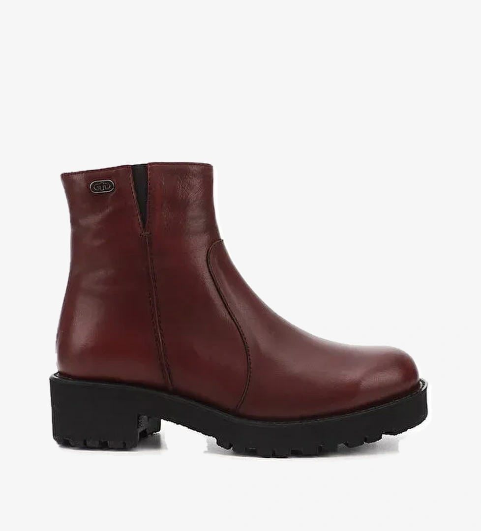 Kadın BORDO Fermuarlı Kalın Topuklu Hakiki Deri Bot