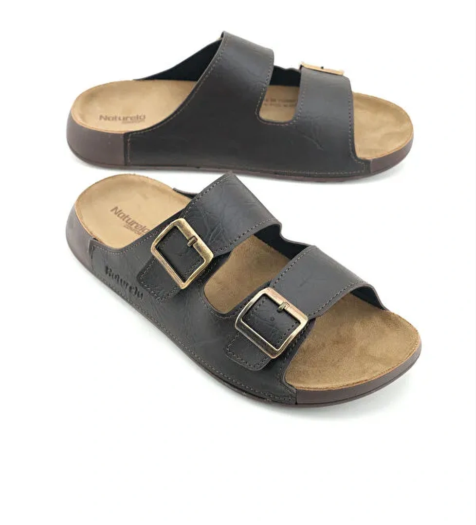 Naturela Comfort Erkek Yazlık Suni Deri Çift Toka Ayarlanabilir Rahat Taban Günlük Terlik