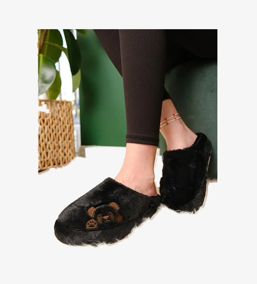 Panda Nakışlı Kadın Ev Terliği Pelüş Terlik Çeyiz ve Bohça Terliği Ses Yapmaz Kalın Taban - Görsel 1