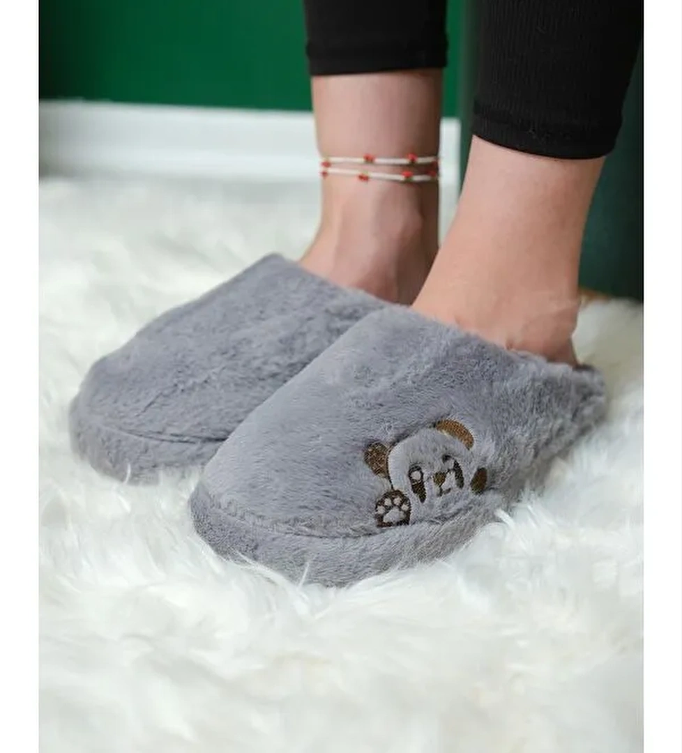 Panda Nakışlı Kadın Ev Terliği Pelüş Terlik Çeyiz ve Bohça Terliği Ses Yapmaz Kalın Taban