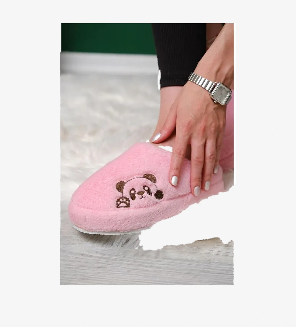 Panda Nakışlı Kadın Ev Terliği Pelüş Terlik Çeyiz ve Bohça Terliği Ses Yapmaz Kalın Taban