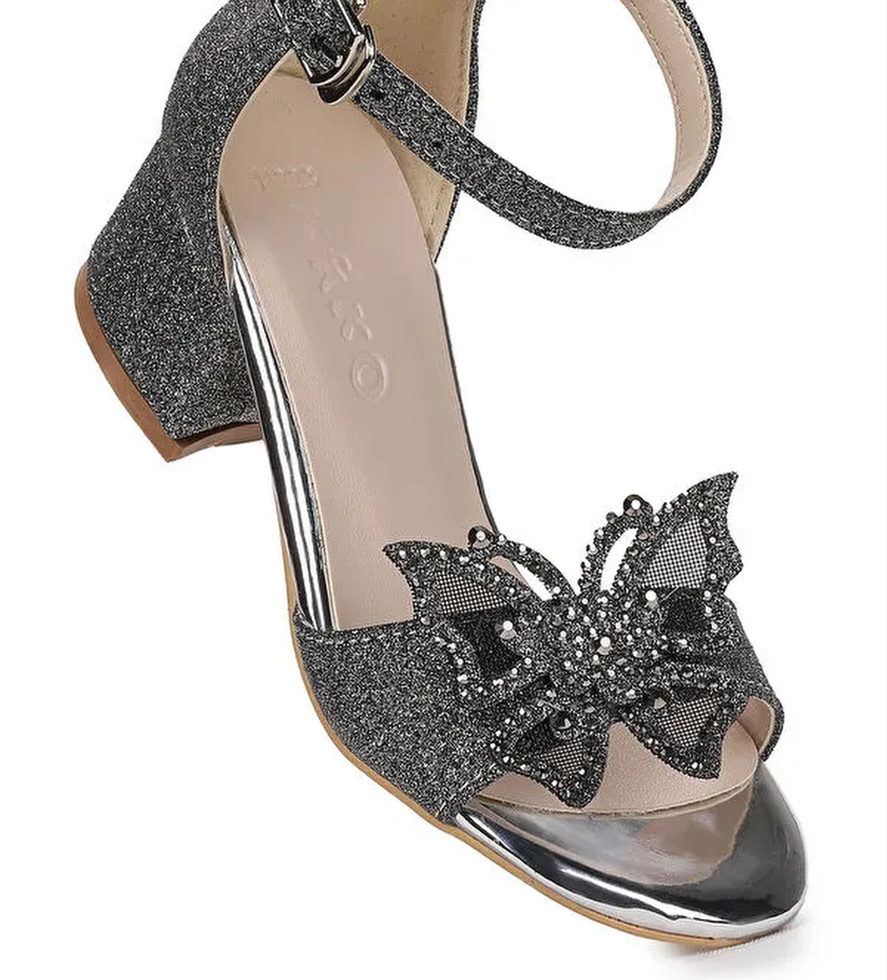 Zete Kum Simli Kız Çocuk 4 Cm Topuklu Sandalet Abiye Ayakkabı