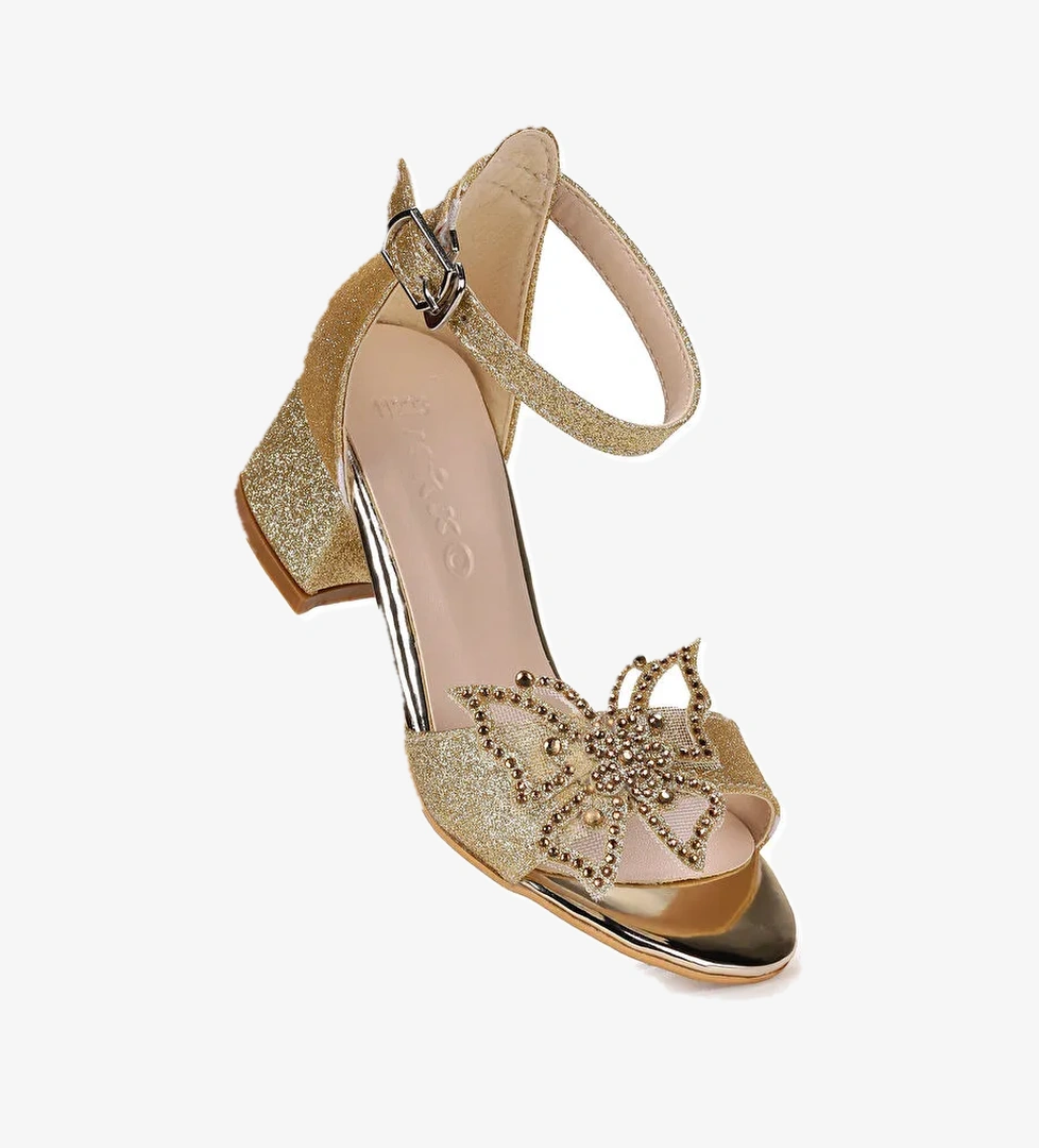 Zete Kum Simli Kız Çocuk 4 Cm Topuklu Sandalet Abiye Ayakkabı