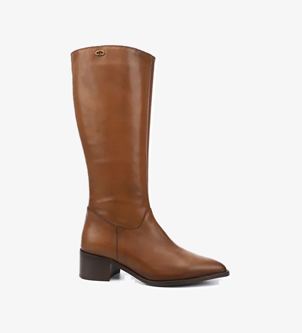 Gonderi(r) Kahverengi Gonderi(r) Sivri Burun Kadın Kalın Topuklu Hakiki Deri Çizme