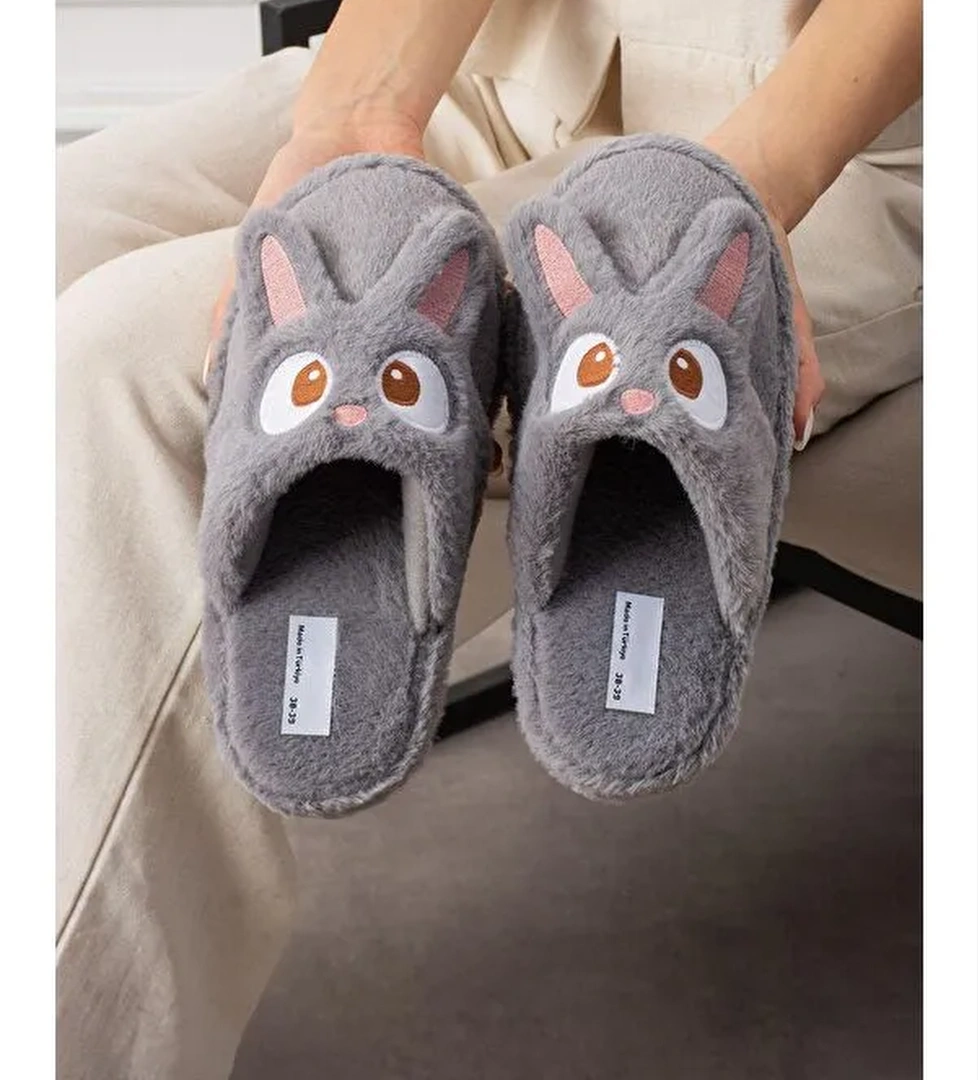 My Tavşan Nakışlı Kadın Ev Terliği Pelüş Terlik Çeyiz ve Bohça Terliği Ses Yapmaz Kalın Taban - Görsel 1