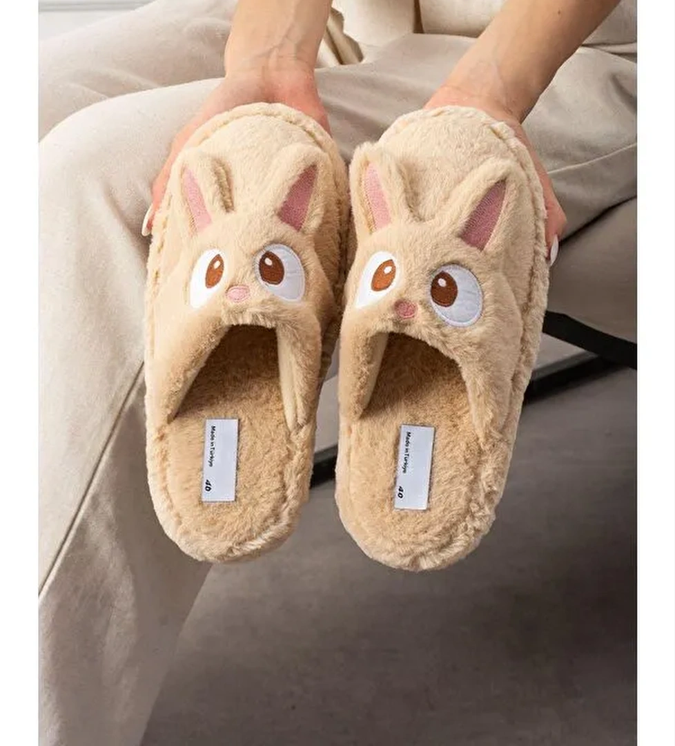 My Tavşan Nakışlı Kadın Ev Terliği Pelüş Terlik Çeyiz ve Bohça Terliği Ses Yapmaz Kalın Taban