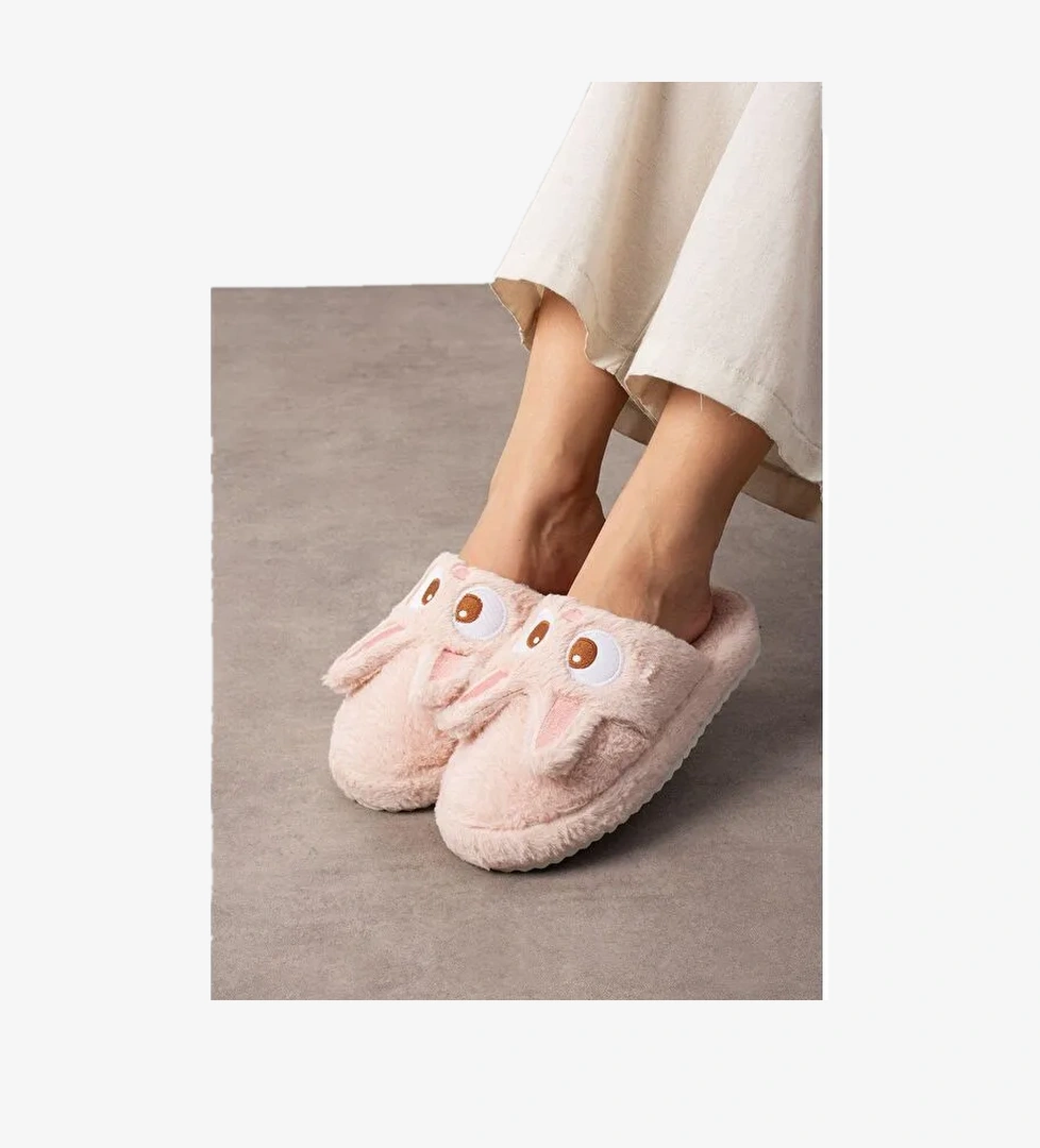 My Tavşan Nakışlı Kadın Ev Terliği Pelüş Terlik Çeyiz ve Bohça Terliği Ses Yapmaz Kalın Taban