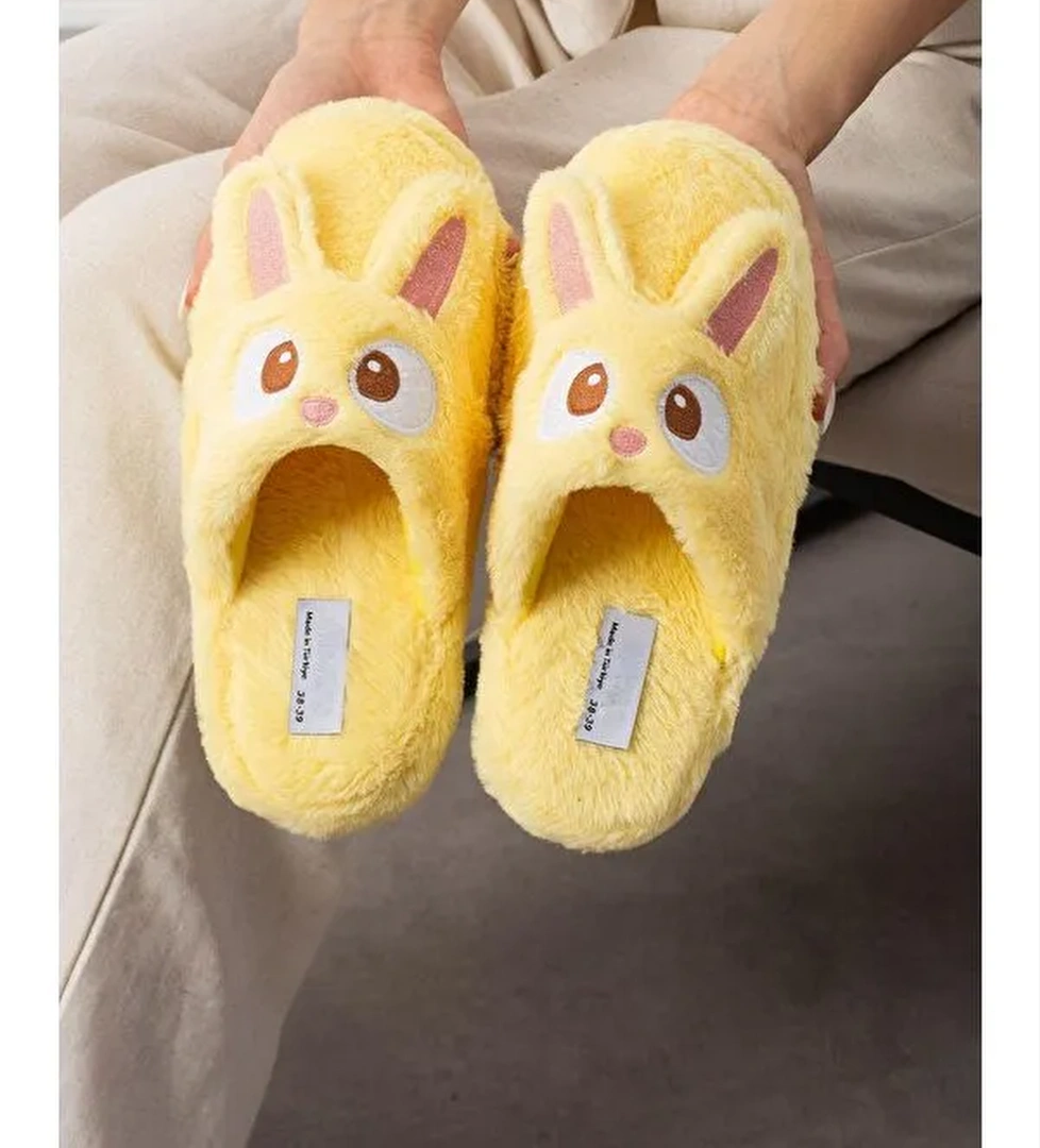 My Tavşan Nakışlı Kadın Ev Terliği Pelüş Terlik Çeyiz ve Bohça Terliği Ses Yapmaz Kalın Taban