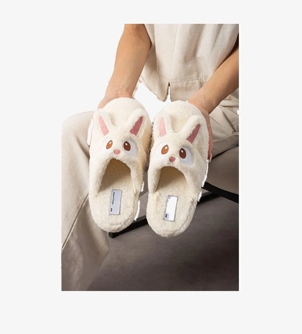 My Tavşan Nakışlı Kadın Ev Terliği Pelüş Terlik Çeyiz ve Bohça Terliği Ses Yapmaz Kalın Taban