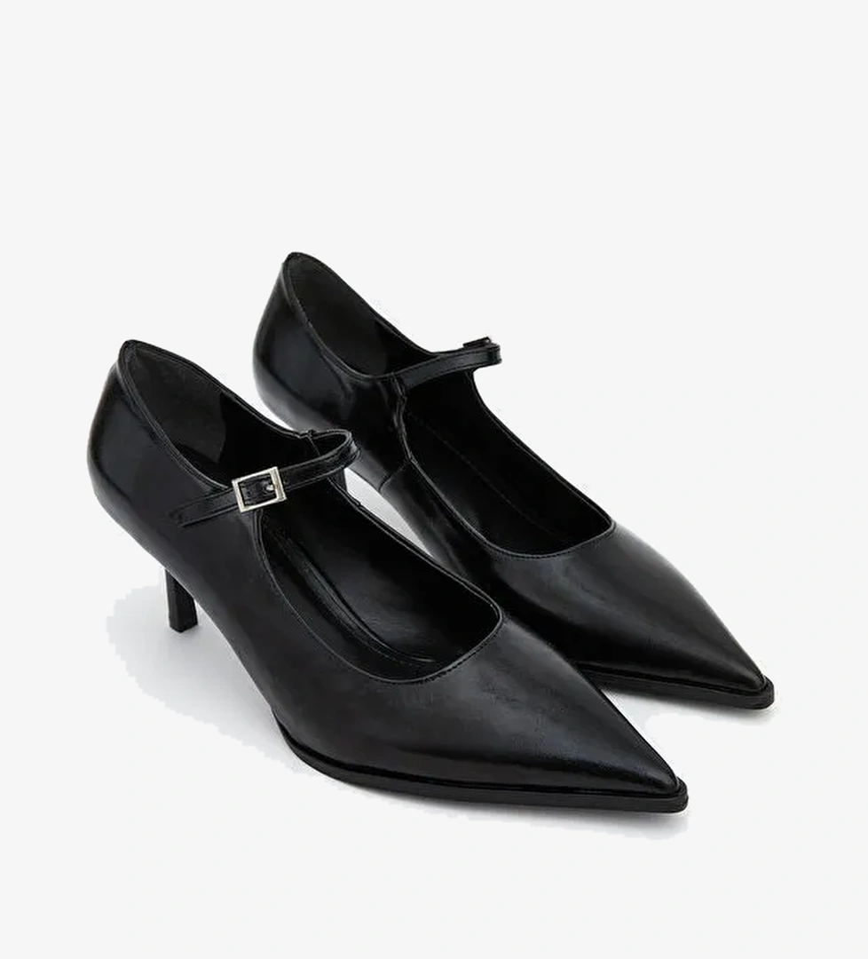 Deri Görünümlü Sivri Burun Kadın Topuklu Ayakkabı - Görsel 1