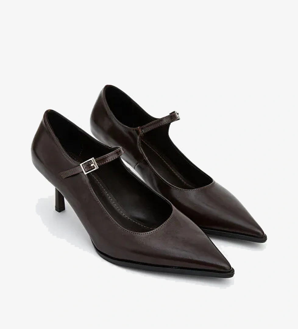 Deri Görünümlü Sivri Burun Kadın Topuklu Ayakkabı - Görsel 1