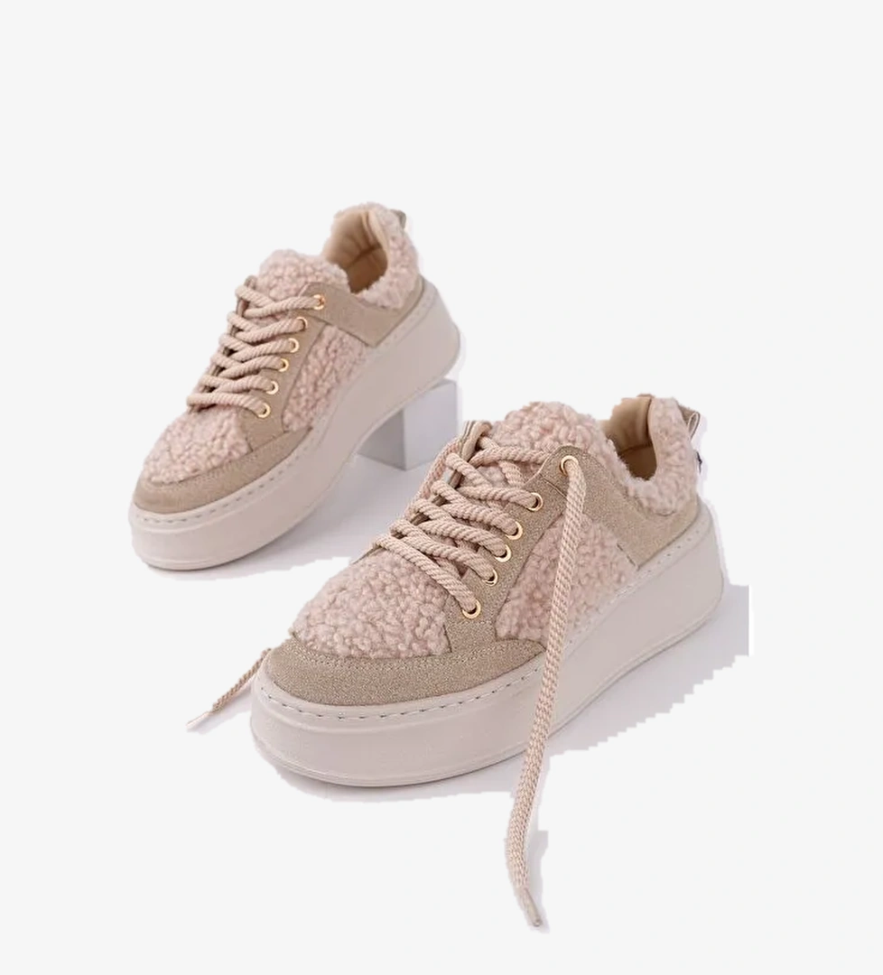 FLEECY Kalın Taban Bağcıklı Pelüş Detaylı Kadın Kışlık Sneaker Spor Ayakkabı