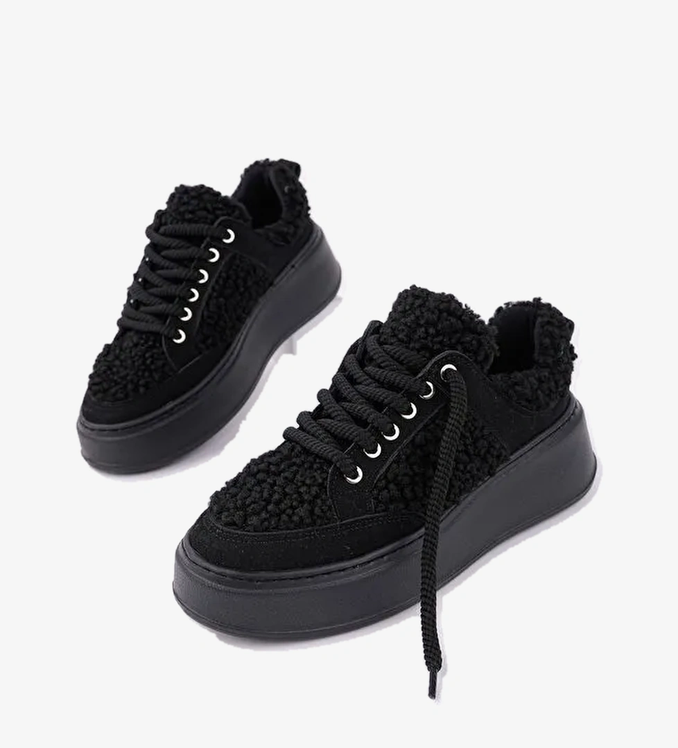 FLEECY Kalın Taban Bağcıklı Pelüş Detaylı Kadın Kışlık Sneaker Spor Ayakkabı - Görsel 1