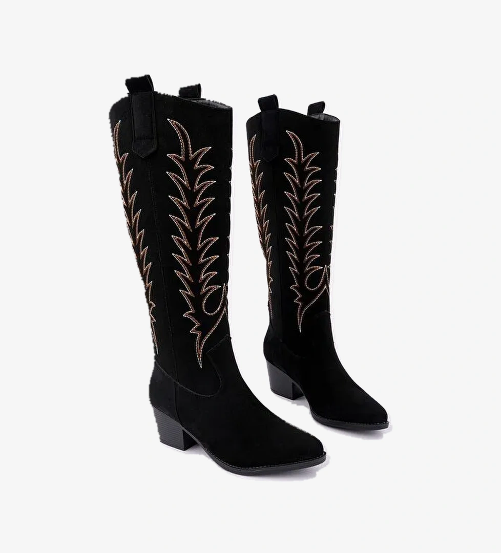 Muggo Texas Sivri Burun Nakışlı Kalın Topuklu Kadın Kovboy Western Çizme model görseli