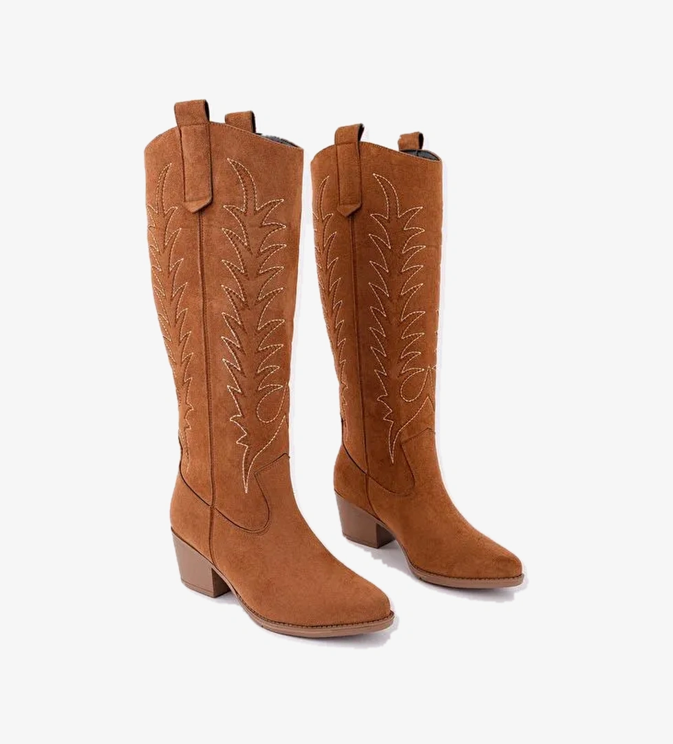 TEXAS Sivri Burun Nakışlı Kalın Topuklu Kadın Kovboy Western Çizme