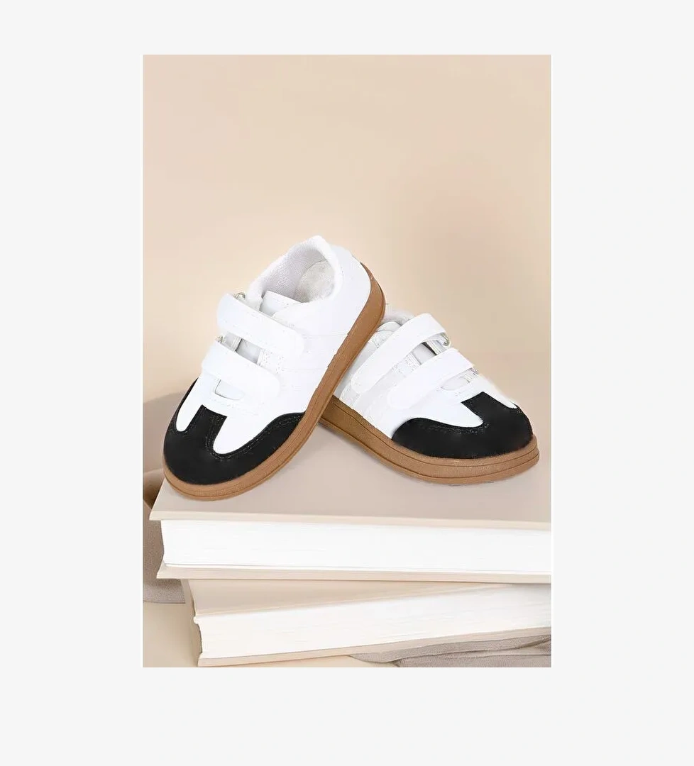 Kız Çocuk Beyaz Beyaz Siyah Çocuk Süet Detaylı Ayakkabı - 27481 - Görsel 1