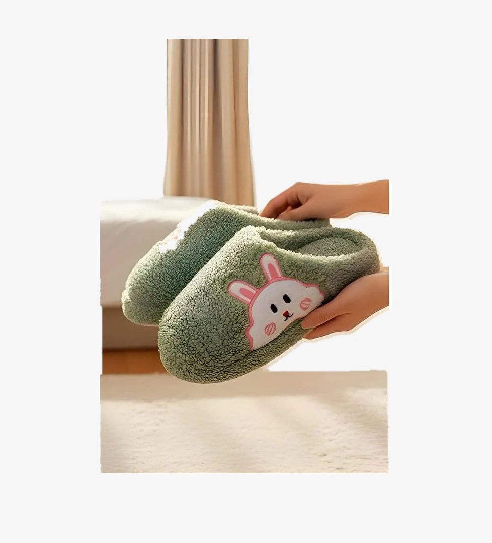 Ft 101 Tavşan Nakışlı Kadın Ev Terliği Pelüş Terlik Çeyiz ve Bohça Terliği Ses Yapmaz Kalın Taban - Görsel 1