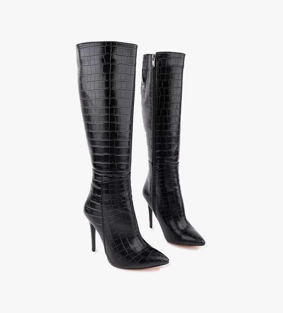 ZEST Kroko Desenli Sivri Burun Fermuarlı İnce Topuklu Kadın Çizme