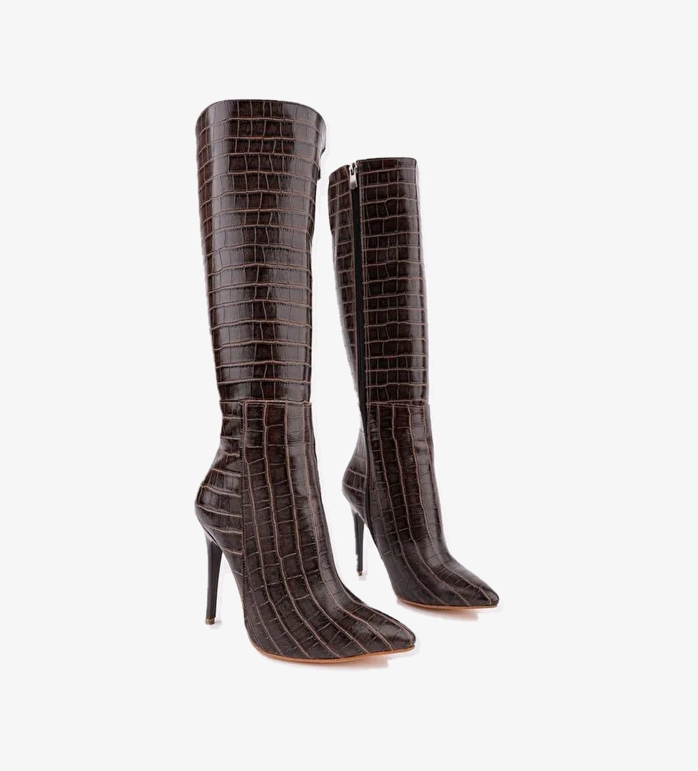 Muggo Zest Kroko Desenli Sivri Burun Fermuarlı İnce Topuklu Kadın Çizme model görseli