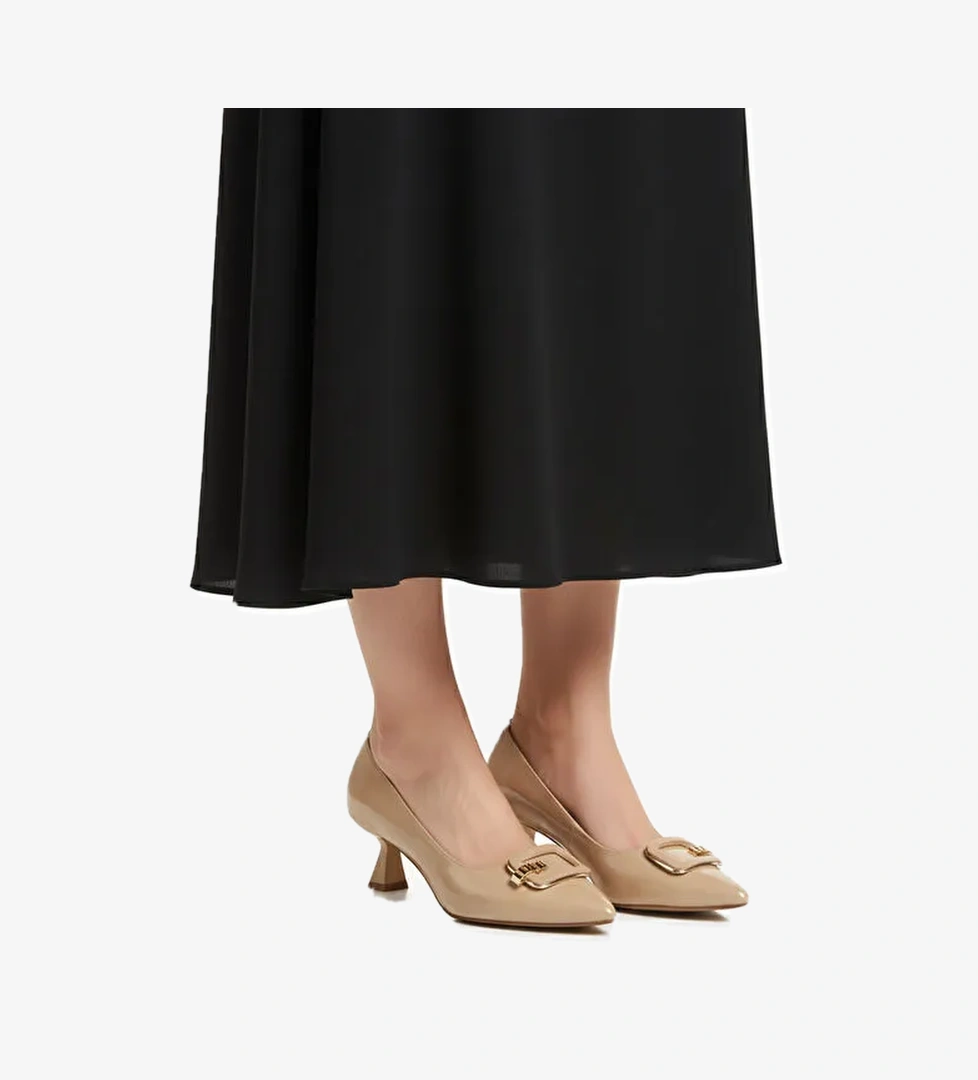 Bej Kırışık İnce Kısa Topuklu Kadın Abiye Ayakkabı 357189 Z