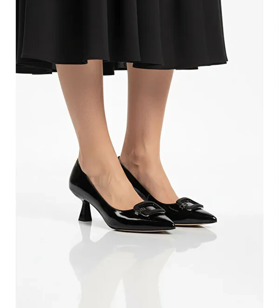 Siyah Kırışık İnce Kısa Topuklu Kadın Abiye Ayakkabı 357189 Z - Görsel 1