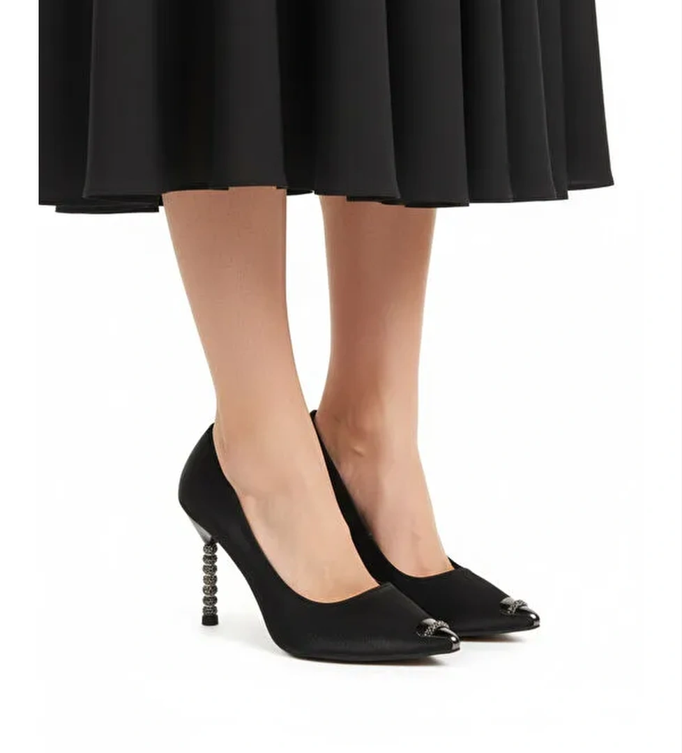 Siyah Saten İnce Taşlı Topuklu Kadın Abiye Ayakkabı 357191 Z - Görsel 1