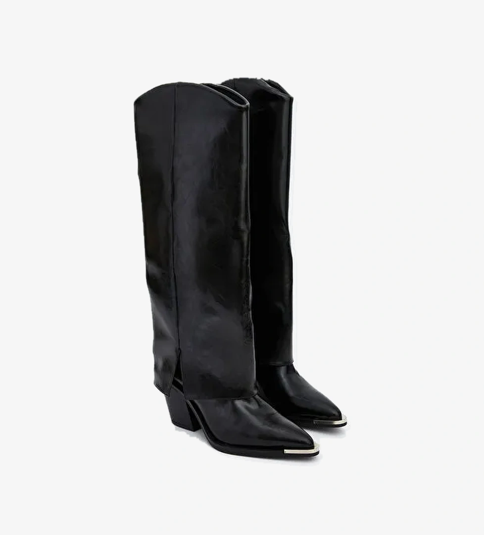 Deri Görünümlü Kadın Çizme - Görsel 1