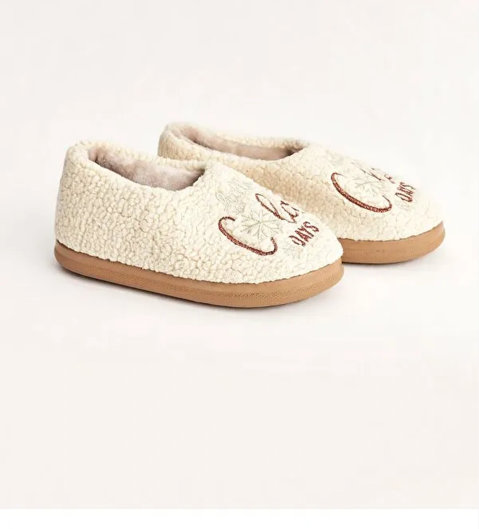 Kadın Kışlık Cold Days Nakışlı Rahat Ev İçi Ayakkabı – Krem Renk - Görsel 1