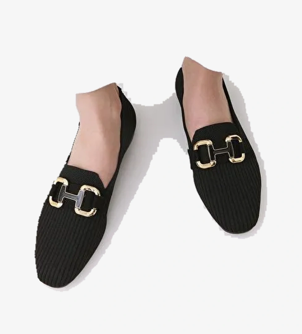 Kadın Siyah Örgü Detaylı Tokalı Günlük Loafer - Görsel 1