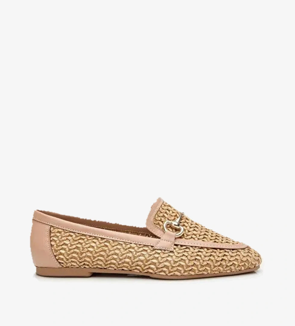 Kadın Bej Hasır Detaylı Tokalı Loafer - Görsel 1