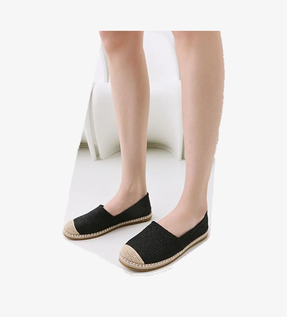 Kadın Siyah Çizgili Hasır Detaylı Espadril - Görsel 1