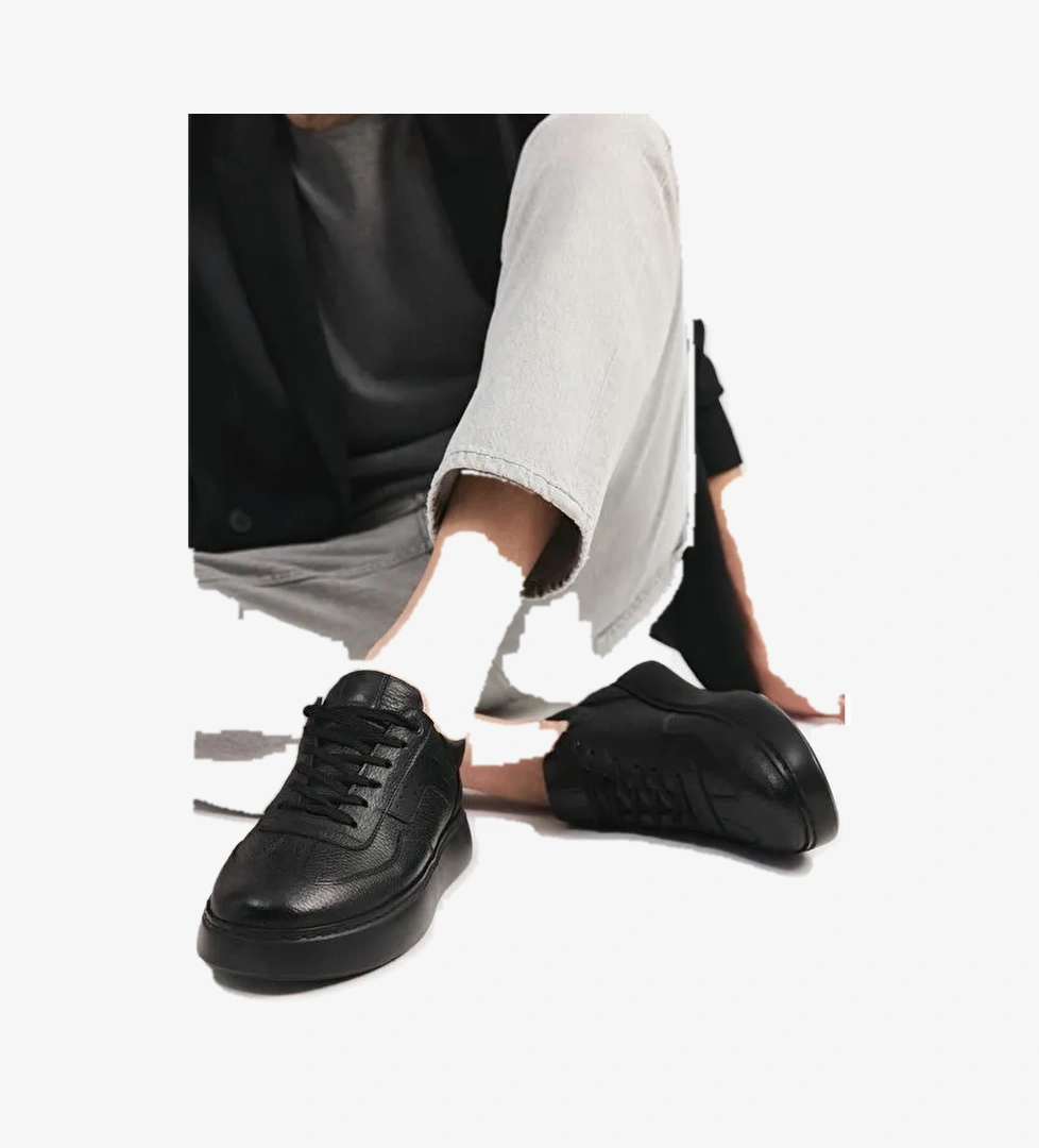 Erkek Deri Siyah Hafif Tabanlı Spor Ayakkabı