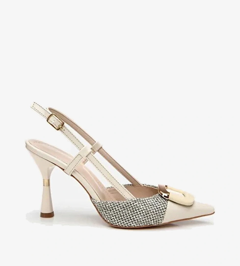 Kadın Krem Hasır Detaylı Arkası Açık Topuklu Ayakkabı - Görsel 1