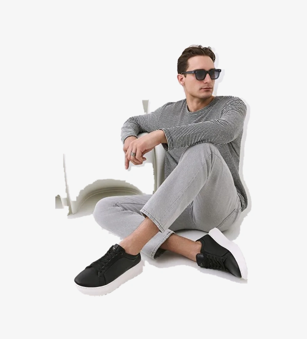 Erkek Deri Siyah Hafif Tabanlı Spor Ayakkabı