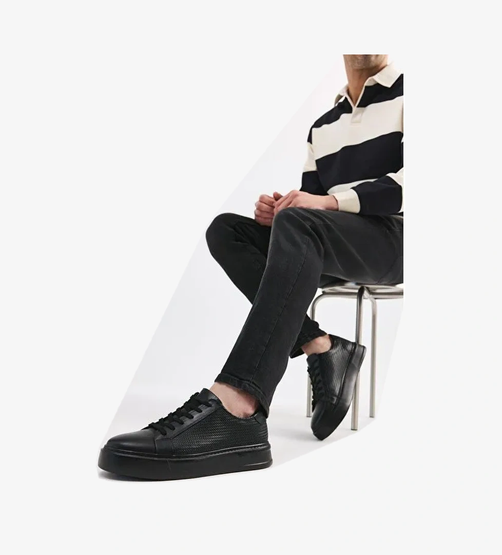 Erkek Deri Siyah Hafif Tabanlı Spor Ayakkabı