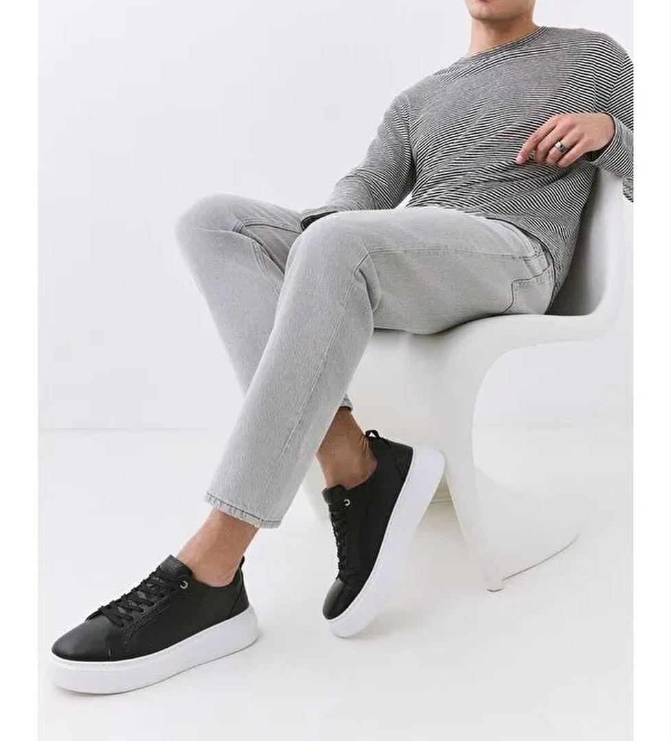 Erkek Deri Siyah Hafif Tabanlı Spor Ayakkabı