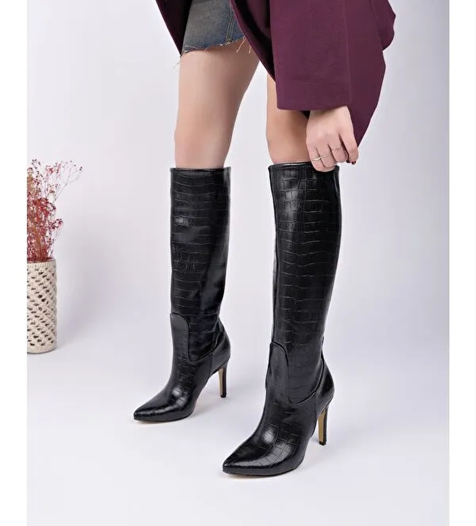 CLARİSSA Sivri Burun Kroko Desenli İnce Topuklu Kadın Çizme - Görsel 1