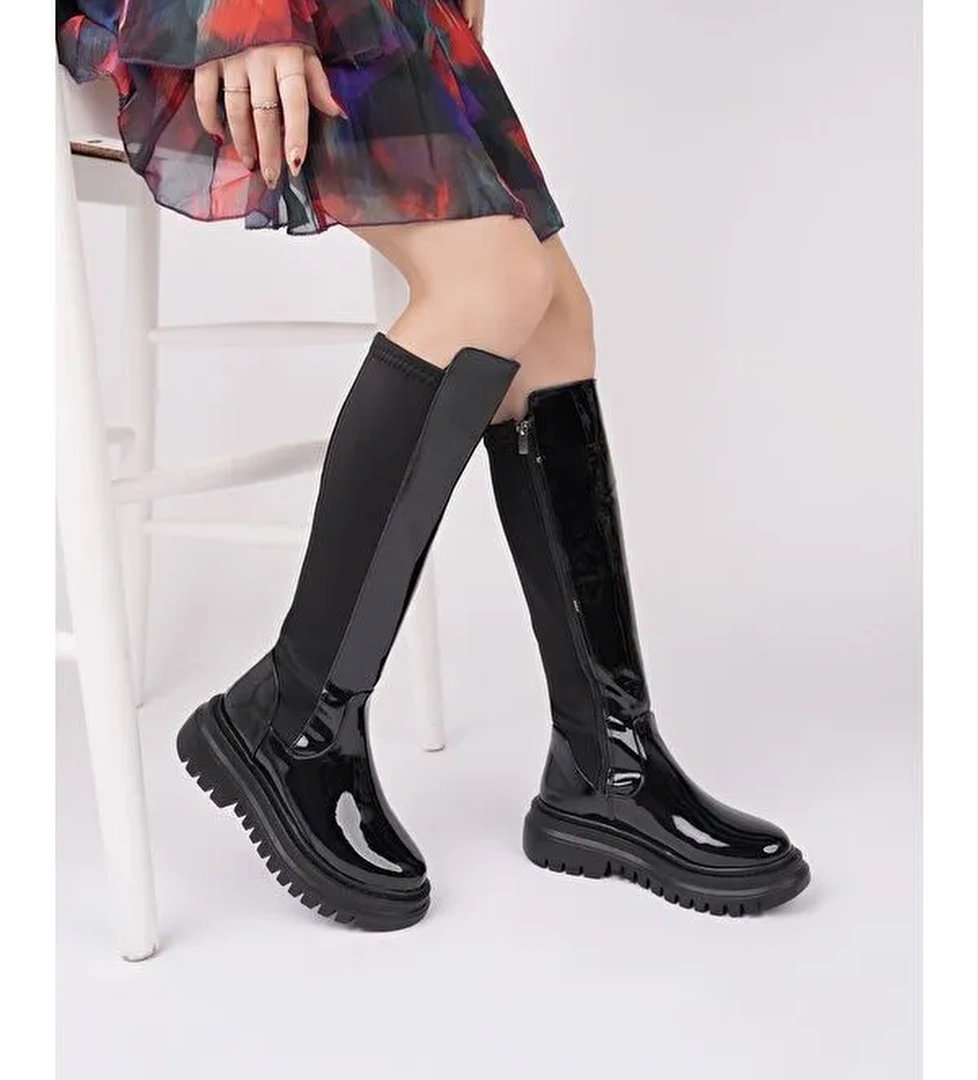 NEROX Kalın Taban Streç Detaylı Fermuarlı Kadın Çizme - Görsel 1