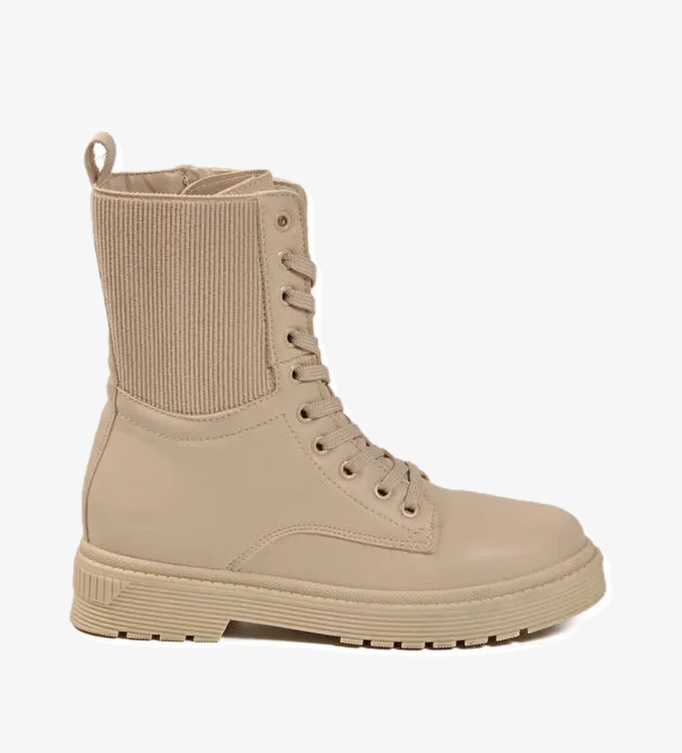 Bej İçi Polarlı Fermuarlı Uzun Kaymaz Taban Kadın Bot 23002 Z