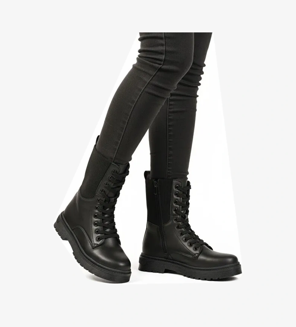 Siyah İçi Polarlı Fermuarlı Uzun Kaymaz Taban Kadın Bot 23002 Z