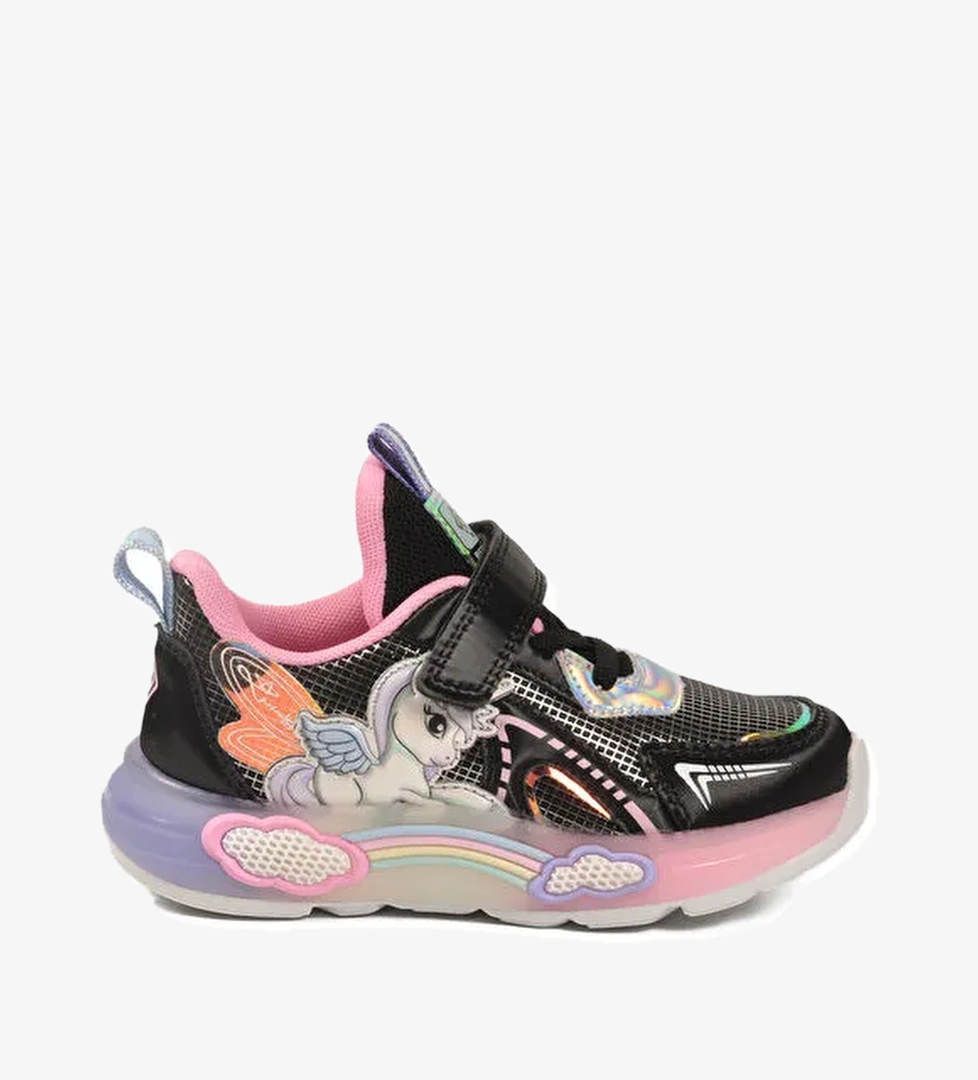 Siyah Cırtlı Işıklı Hafif Esnek Kız Çocuk Spor Ayakkabı 1986 P - Görsel 1