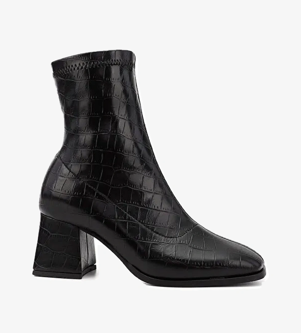 Kadın AÇIK SİYAH Deri Görünümlü Kalın Topuklu Streç Bot