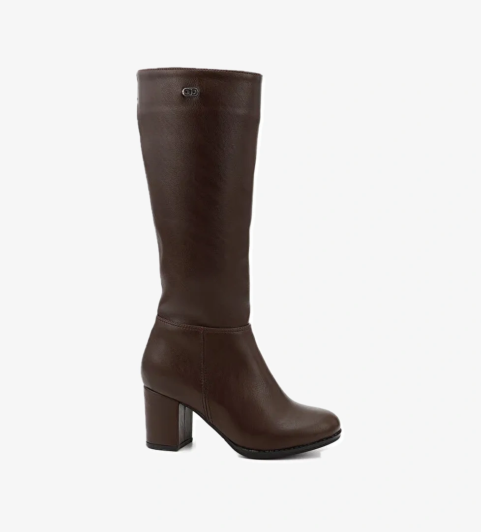 Kadın ÇİKOLATA KAHVE Yuvarlak Burun Fermuarlı Kalın Topuklu Çizme