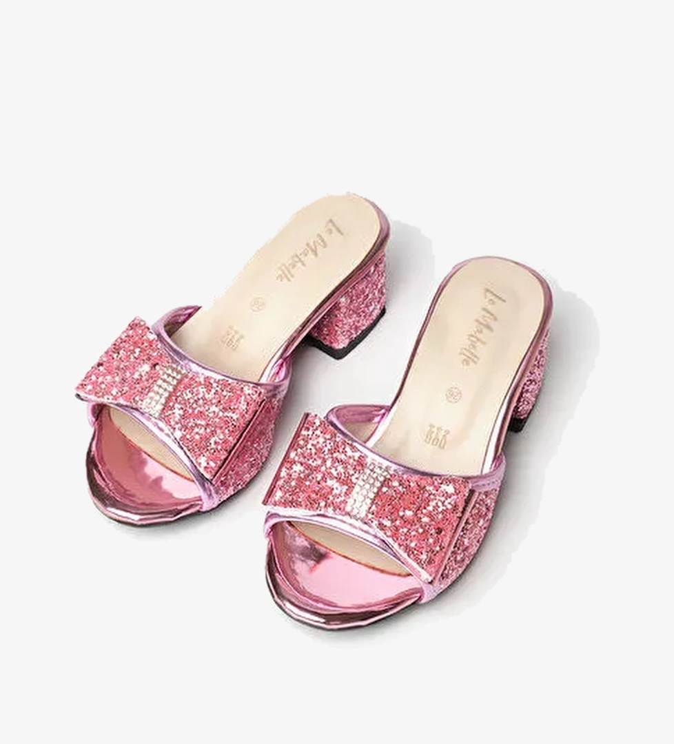 Pembe Simli Kız Çocuk Topuklu Terlik - Görsel 1