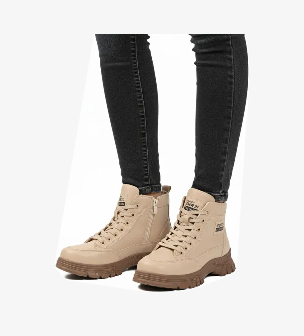 Bej İçi Kürklü Kaymaz Taban Fermuarlı Bağcıklı Kadın Bot 24090 Z - Görsel 1