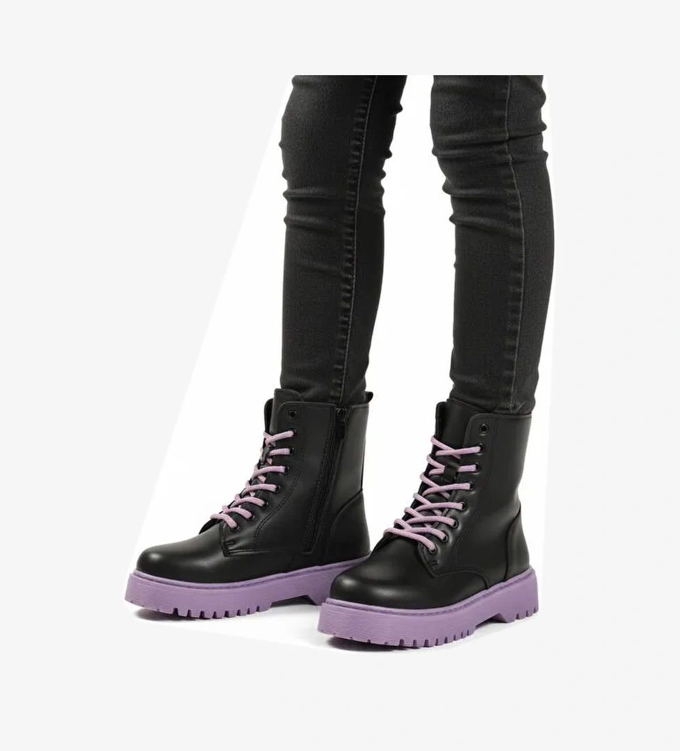 Siyah Mor İçi Polarlı Bağcıklı Fermuarlı Kaymaz Kız Çocuk Bot Dale 05 F - Görsel 1