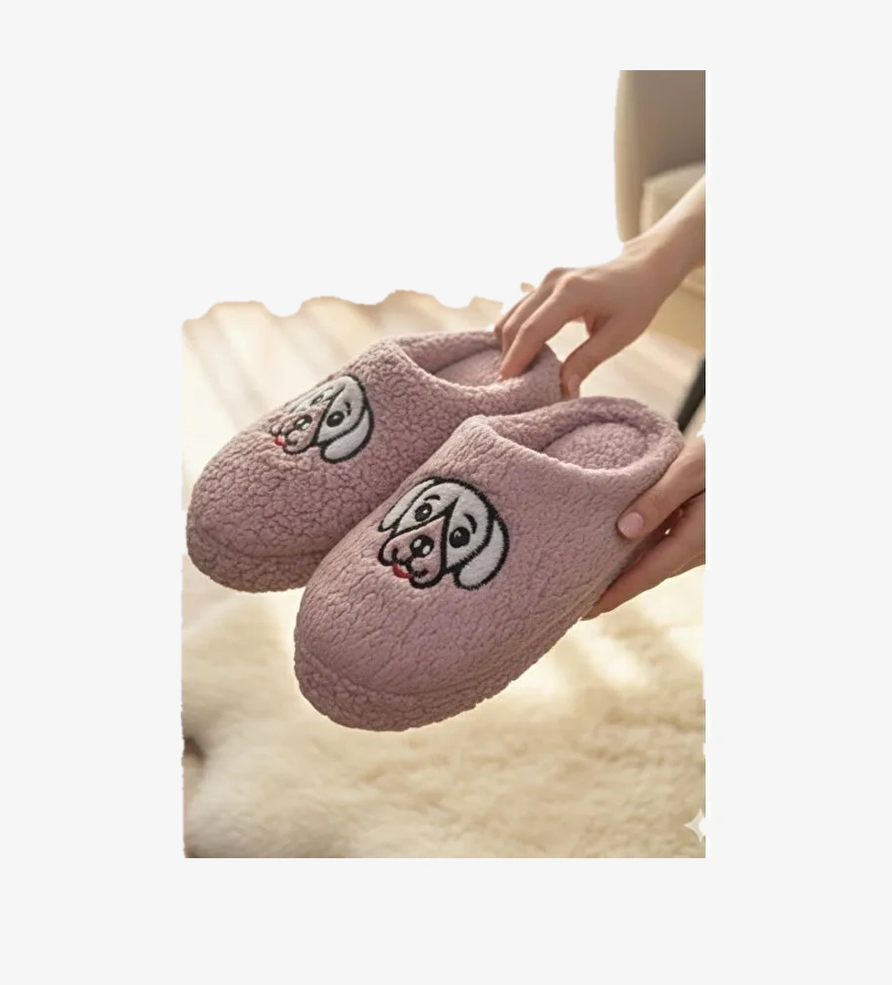 Ft 102 Köpek Nakışlı Kadın Ev Terliği Pelüş Terlik Çeyiz ve Bohça Terliği Ses Yapmaz Kalın Taban