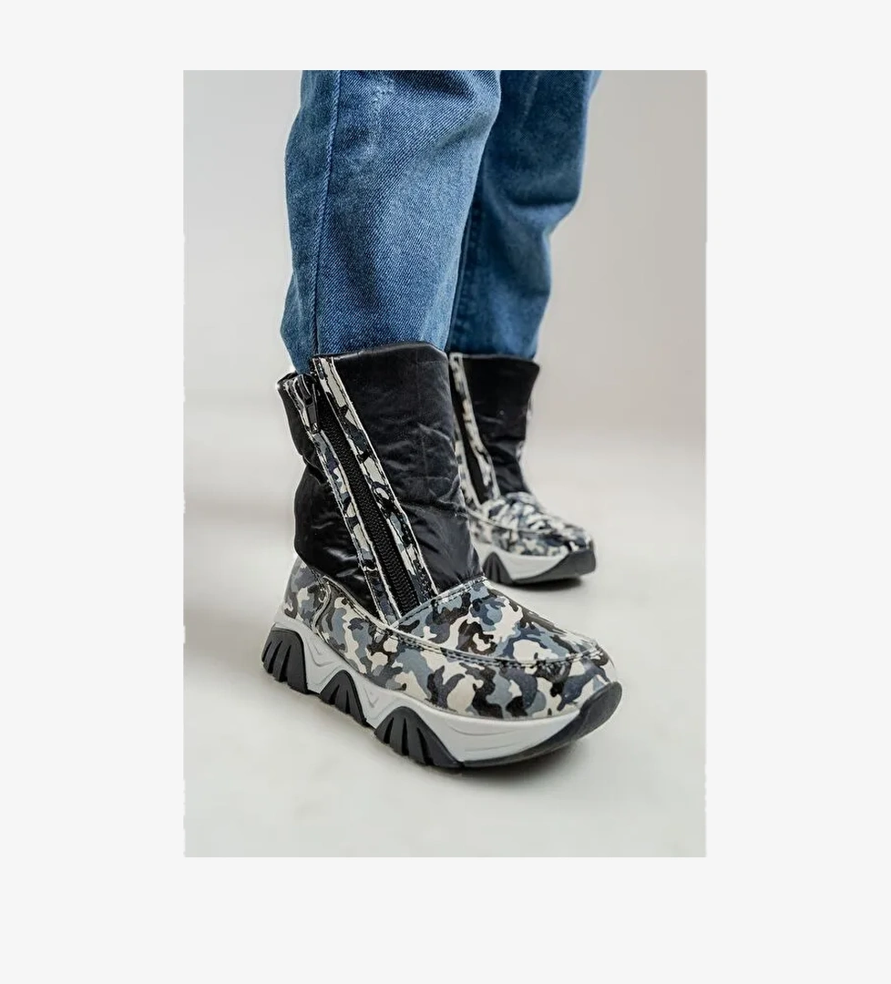 Erkek Çocuk Siyah Hakiki Deri Suya Dayanıklı Kürklü Günlük Bot