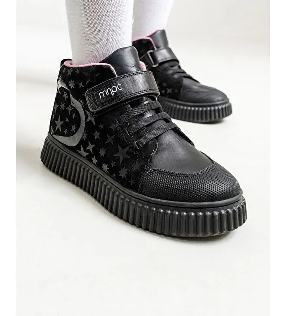 Kız Çocuk Siyah Hakiki Deri Suya Dayanıklı Anatomik Günlük Bot