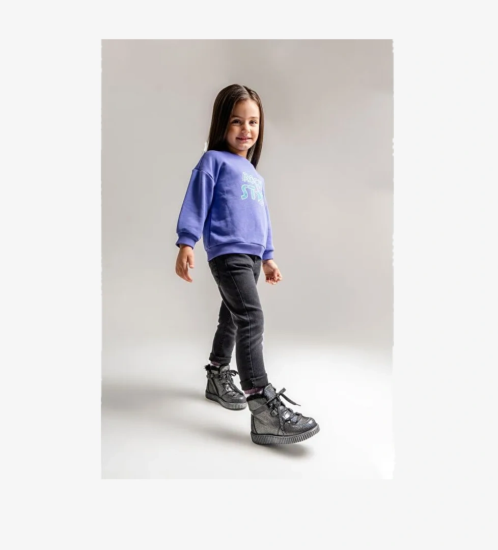 Kız Çocuk Siyah Simli Hakiki Deri Suya Dayanıklı Günlük Bot